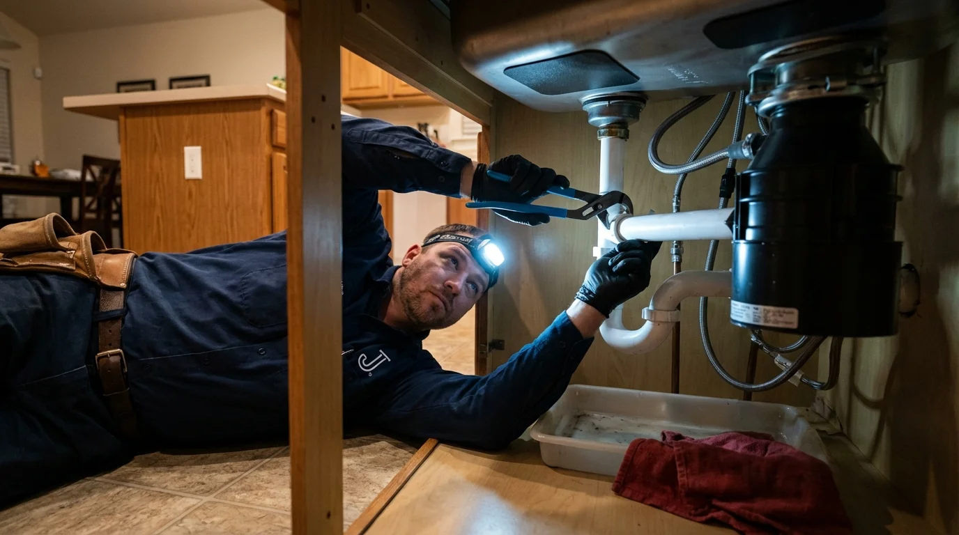P-trap and supply line connections under a kitchen sink showing a common leak point in Winchester, TN